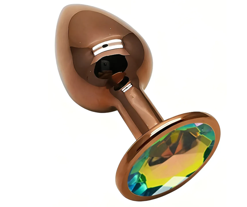 Анальная пробка с кристаллом EGZO - Dark Gold Round Plug Rainbow, size S