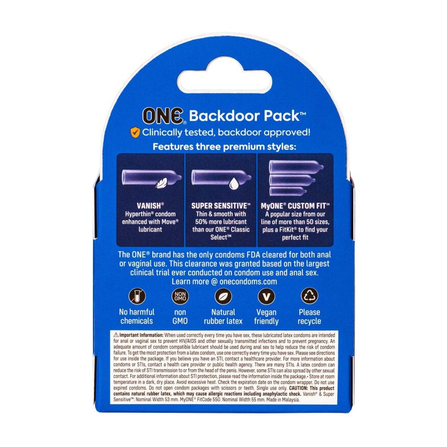 Набір презервативів ONE Backdoor, 3 шт, 3 види, картонне паковання