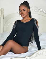 Черный боди с длинными рукавами Star Night и кисточками из цепочек, L