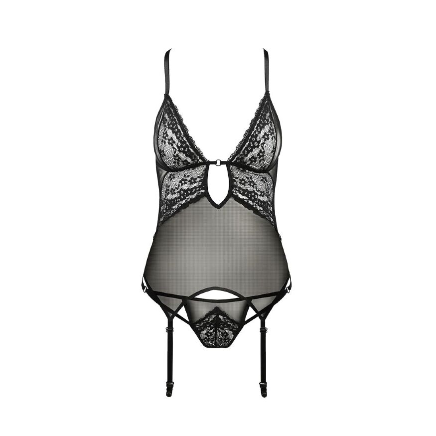 Корсет с декольте ERZA CORSET black L/XL - Passion, пажи, трусики, полупрозрачный