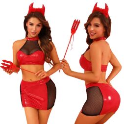 Эротический костюм дьяволицы JSY «Искусительница Джен» One Size, топ, юбка, трусики, рожки, жезл