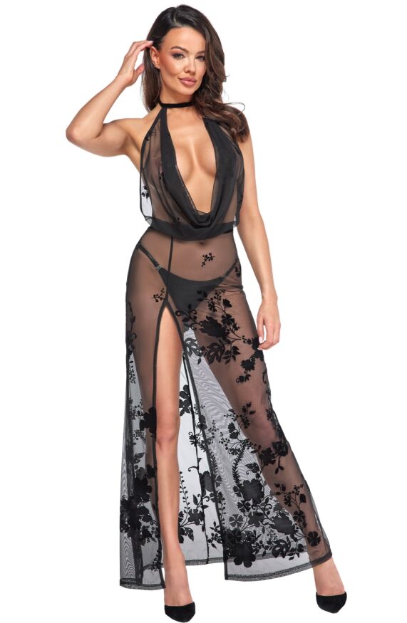 Платье сексуальное длинное Noir Handmade Divinity F312 с глубоким декольте, черное, L