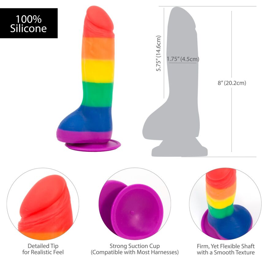Радужный фаллоимитатор ADDICTION - JUSTIN - 8" - RAINBOW, 20,3 см, силикон, вибропуля в подарок