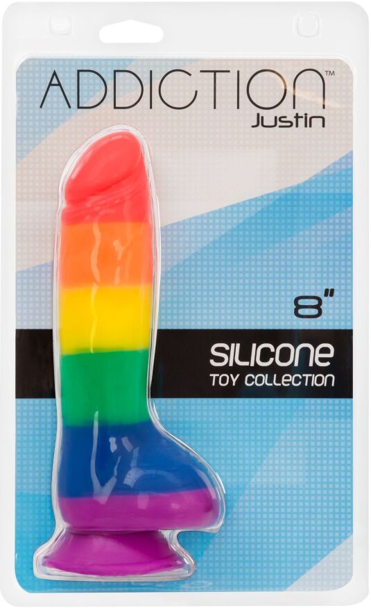 Радужный фаллоимитатор ADDICTION - JUSTIN - 8" - RAINBOW, 20,3 см, силикон, вибропуля в подарок