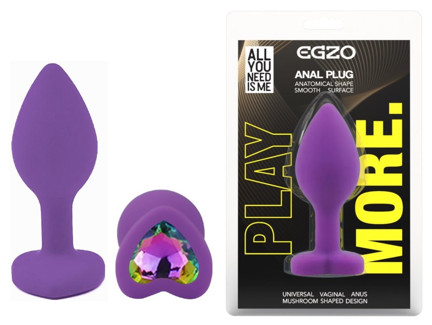 Силиконовая анальная пробка EGZO - Silicone Violet Heart Plug Rainbow, size S