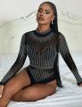 Черный сетчатый боди с длинными рукавами Star Night и декоративными стразами, XL