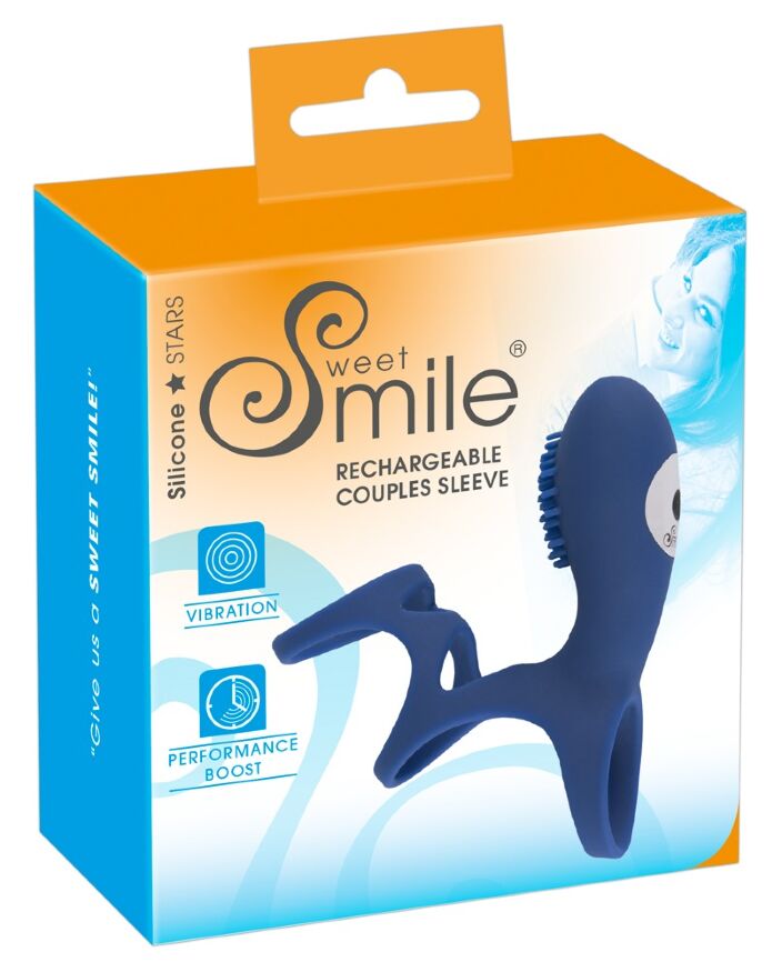Тройная насадка на пенис синего цвета Sweet Smile Rechargeable Couples Sleeve