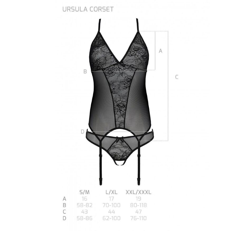 Корсет с пажами, трусики с ажурным декором и открытым шагом Ursula Corset black XXL/XXXL — Passion