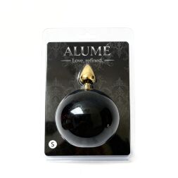 Анальна пробка ALUME, S, металева золотиста з чорним пушком, 7 х 2,8 см