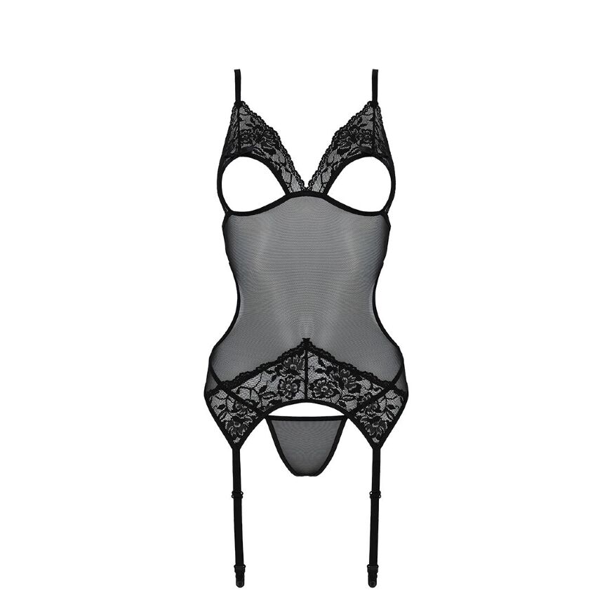 Корсет Passion Christa Corset black XXL/XXXL: с подвязками и ажурным лифом, стринги в комплекте 