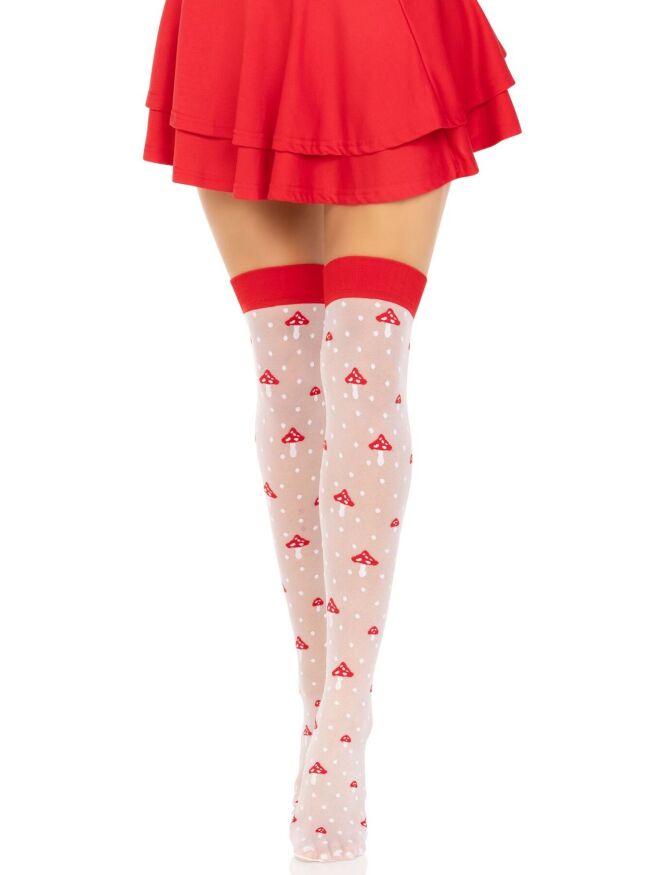 Чулки Leg Avenue Polka Dot Mushroom Thigh Highs, One Size, бело-красные, на резинке, рисунок — грибочки