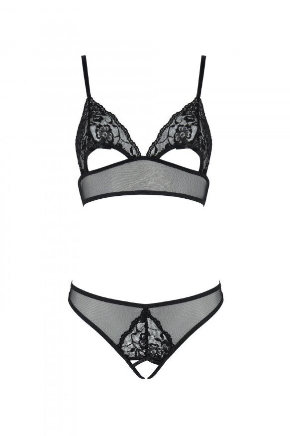 Комплект із бралету з ажурним ліфом та відкритими трусиками Passion CHRISTA SET Open Bra L/XL black