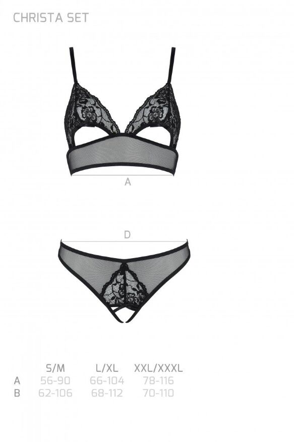 Комплект із бралету з ажурним ліфом та відкритими трусиками Passion CHRISTA SET Open Bra L/XL black