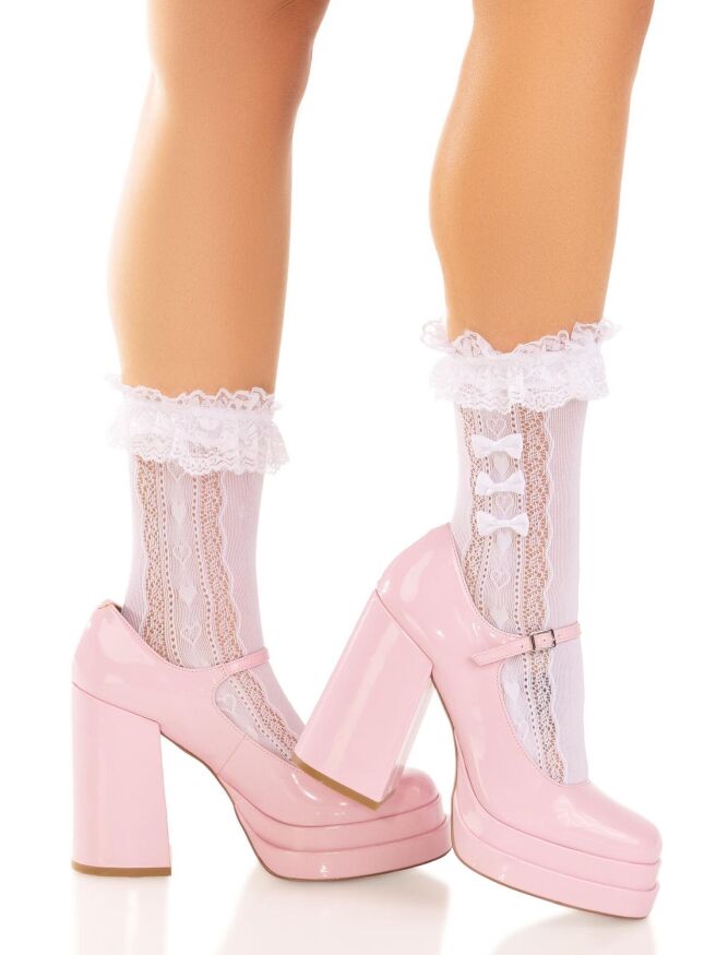 Шкарпетки ажурні Leg Avenue Mini Bow Lace Anklet, білі, з рюшами, декор — бантики