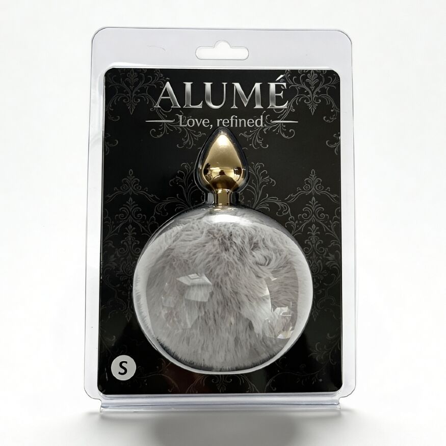 Анальная пробка ALUME, S, металлическая золотистая с серым пушком, 7 х 2,8 см