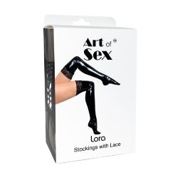 Сексуальные виниловые чулки Art of Sex - Lora с кружевом, размер L, с эффектом мокрого бархата
