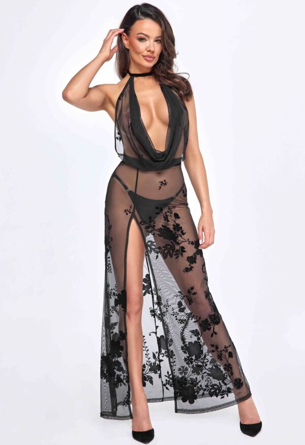 Сукня Noir Handmade F312 Divinity, XL, black, прозора, до підлоги, відкрита спина, розріз збоку