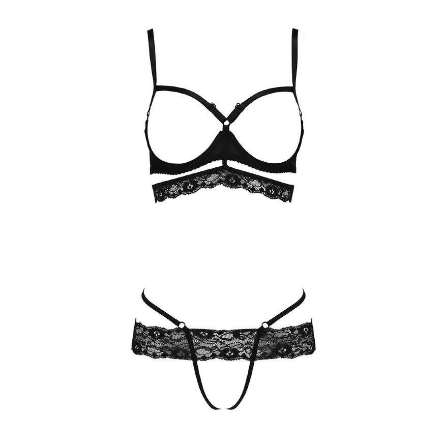 Комплект белья Passion Exclusive SARIA SET OpenBra L/XL, black, стрэпы, откртый лиф, стринги