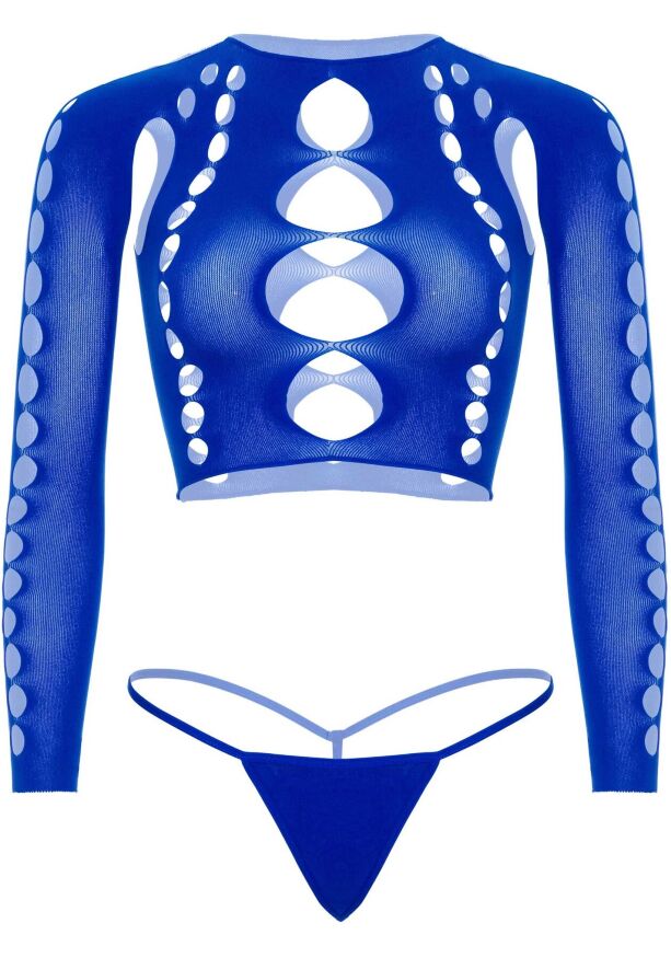 Комплект Leg Avenue Long sleeve crop top &amp; string Royal Blue One Size, топ, стрінги