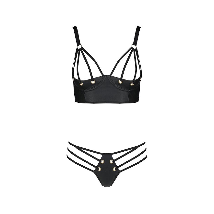 Комплект из эко-кожи Passion Malwia Bikini black L/XL: с люверсами и ремешками, бра и трусики
