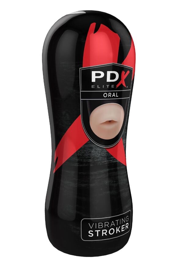 Мастурбатор-рот в черной колбе Pipedream PDX Elite с вибрацией, телесный