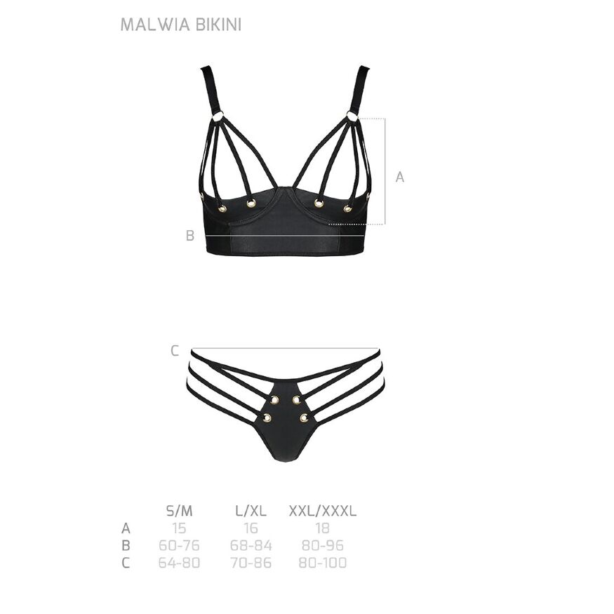 Комплект из эко-кожи Passion Malwia Bikini black S/M: с люверсами и ремешками, бра и трусики