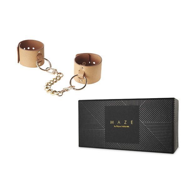 Наручники Bijoux Indiscrets MAZE - Wide Cuffs Brown, экокожа, стильные браслеты, подарочная упаковка