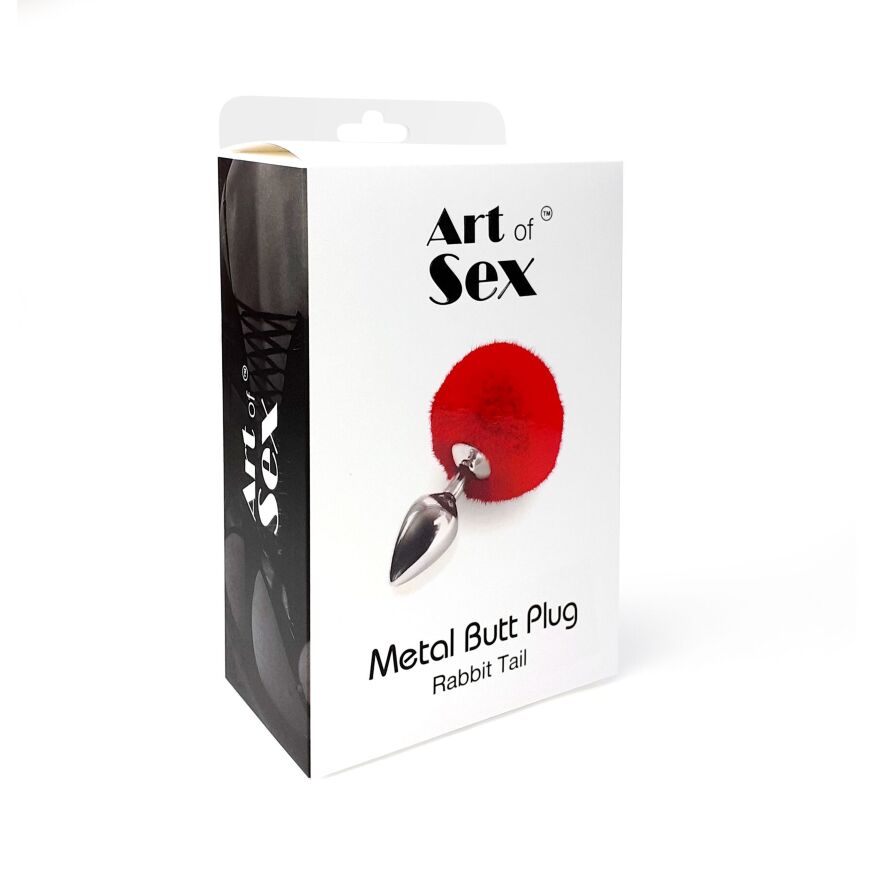 Металлическая анальная пробка М Art of Sex – Metal Butt plug Rabbit Tail Red, диаметр 3,4 см