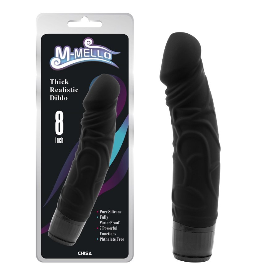 Силиконовый реалистичный вибратор черного цвета - M-Mello Thick Realistic Dildo 8" Black