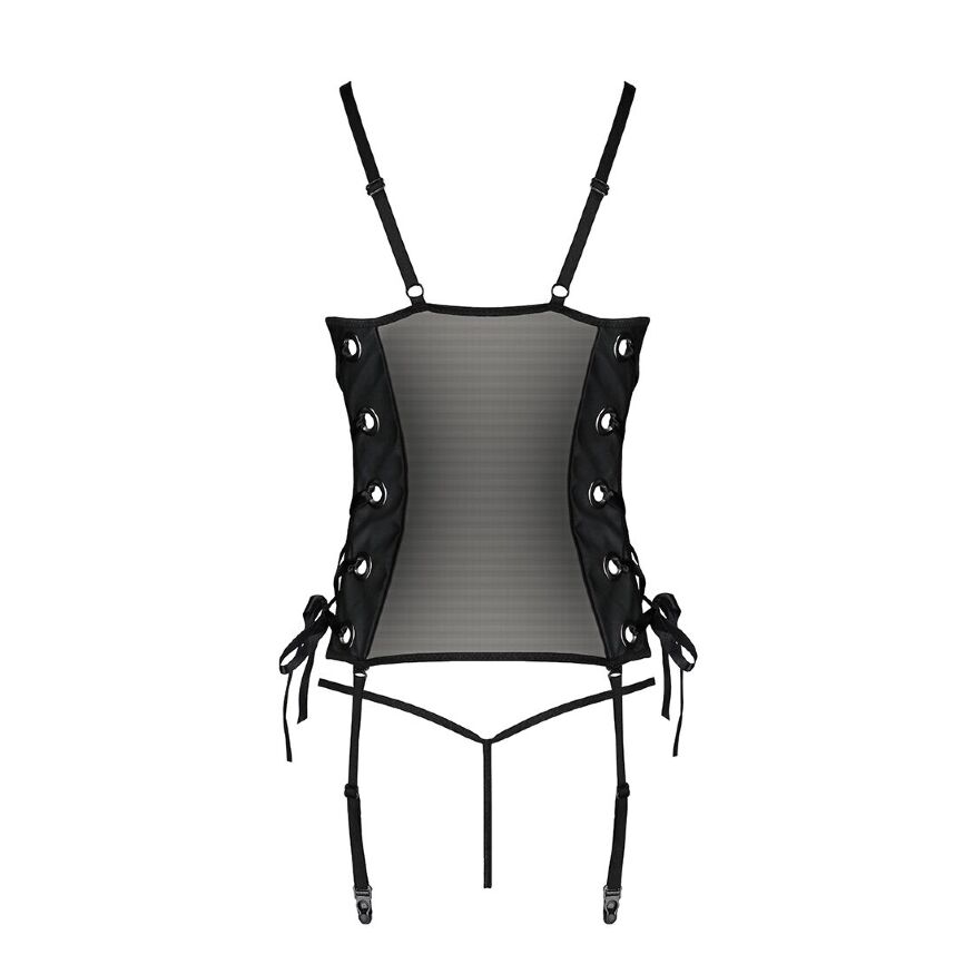 Сетчатый корсет из эко-кожи Passion Malwia Corset black L/XL: с люверсами и съемными пажами 