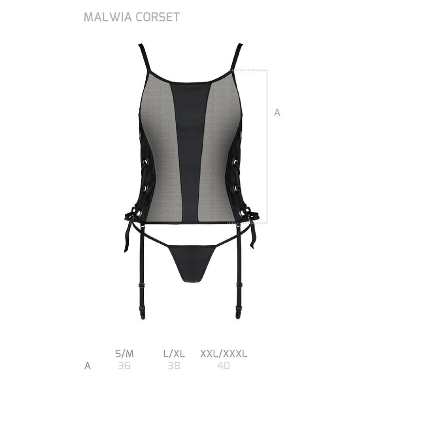 Сетчатый корсет из эко-кожи Passion Malwia Corset black L/XL: с люверсами и съемными пажами 