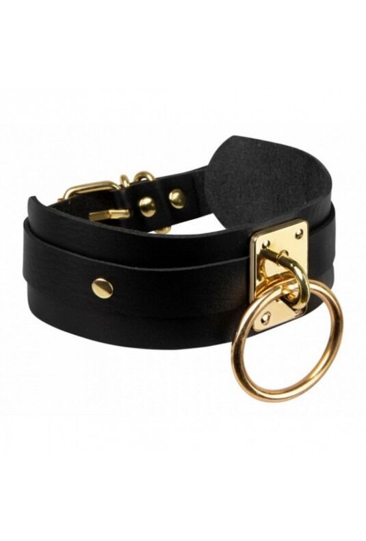 Ошейник широкий черный Kinky Diva Collar Me с золотистым кольцом