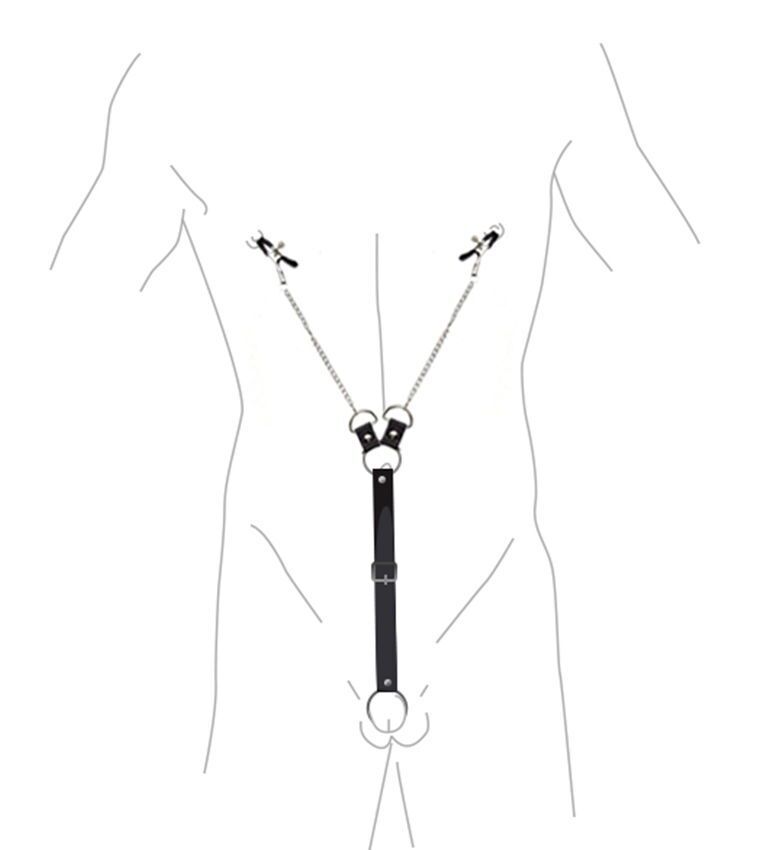 Зажимы для сосков с фиксацией на мошонке Nipple Clamps for Men, Эко кожа (мятая упаковка)