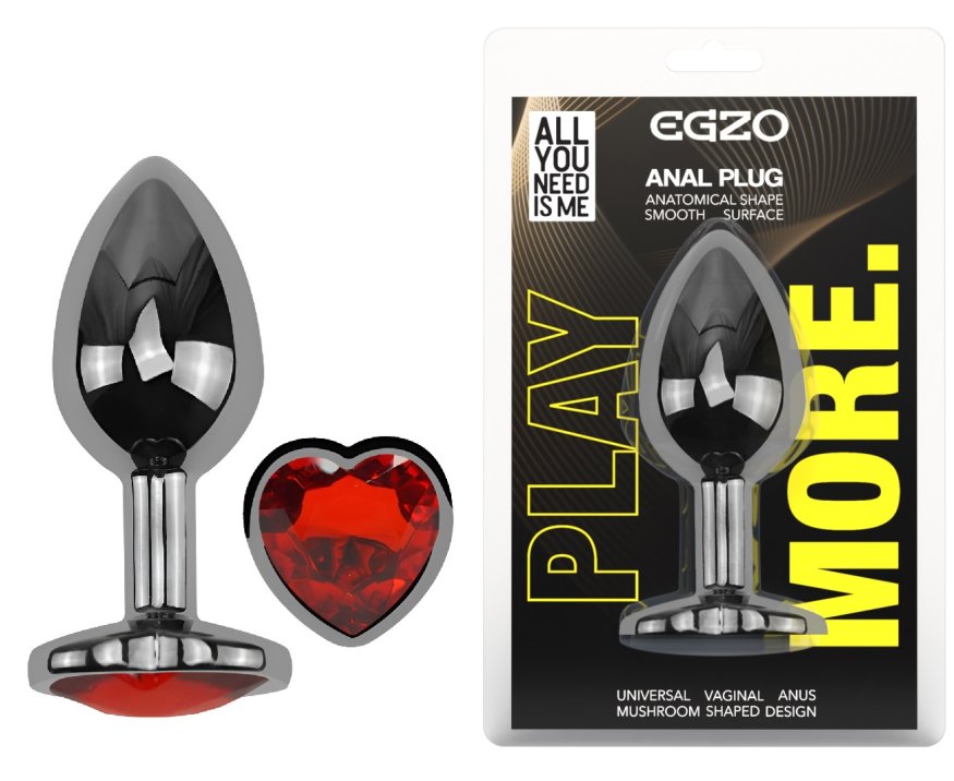 Анальна пробка з кристалом EGZO - Dark Silver Heart Plug Red size M